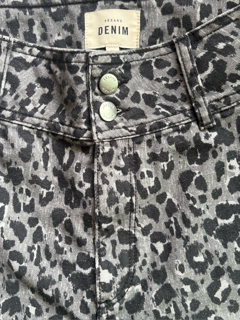 Sézane Timéo Denim Trousers Grey Leopard Print Tapered High-Rise Sz 6/38 - Picture 4 of 8